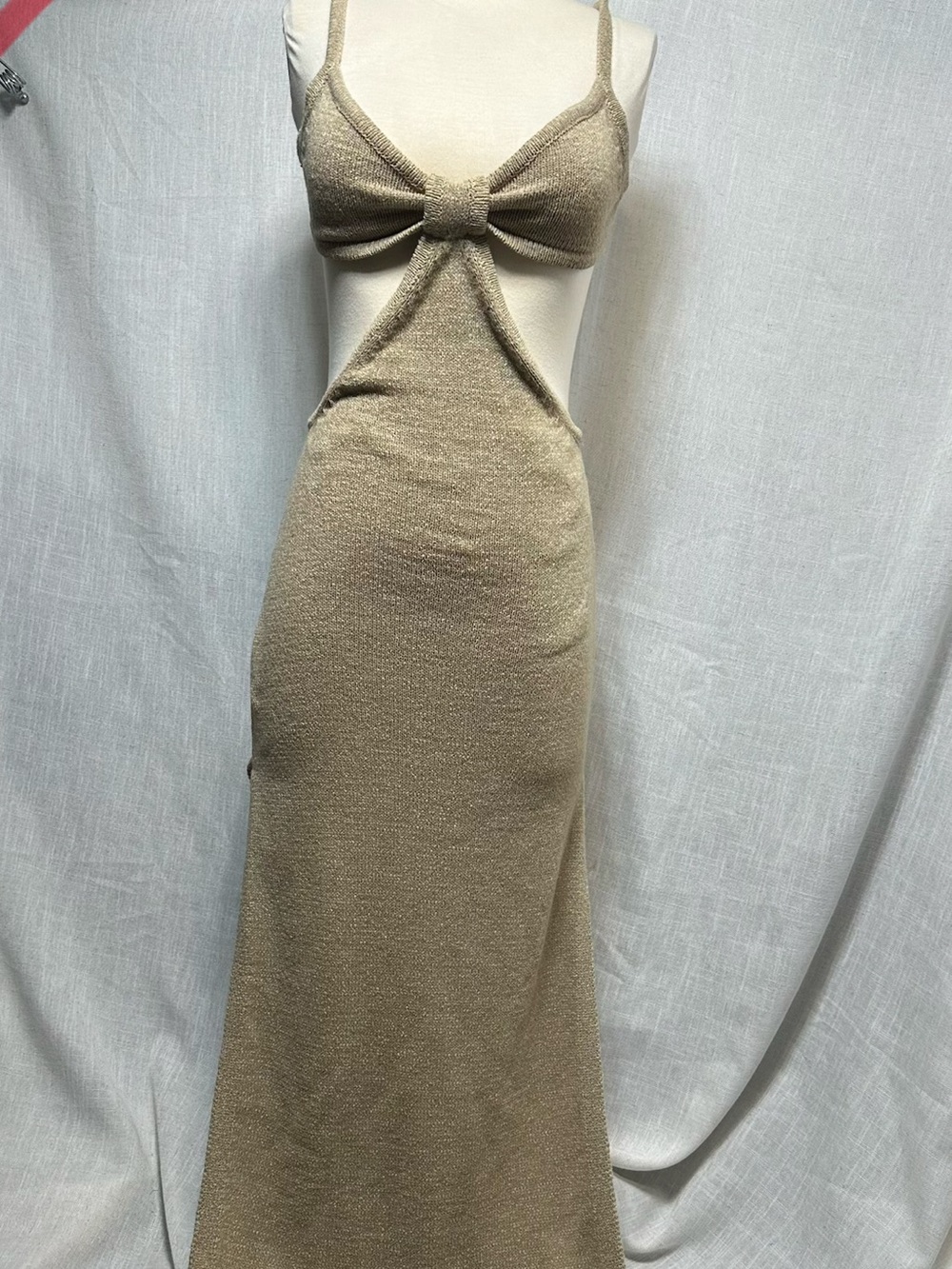 Beige Botany Knit Cutout Boho Maxi Dress Serita Style Sand Taupe Small